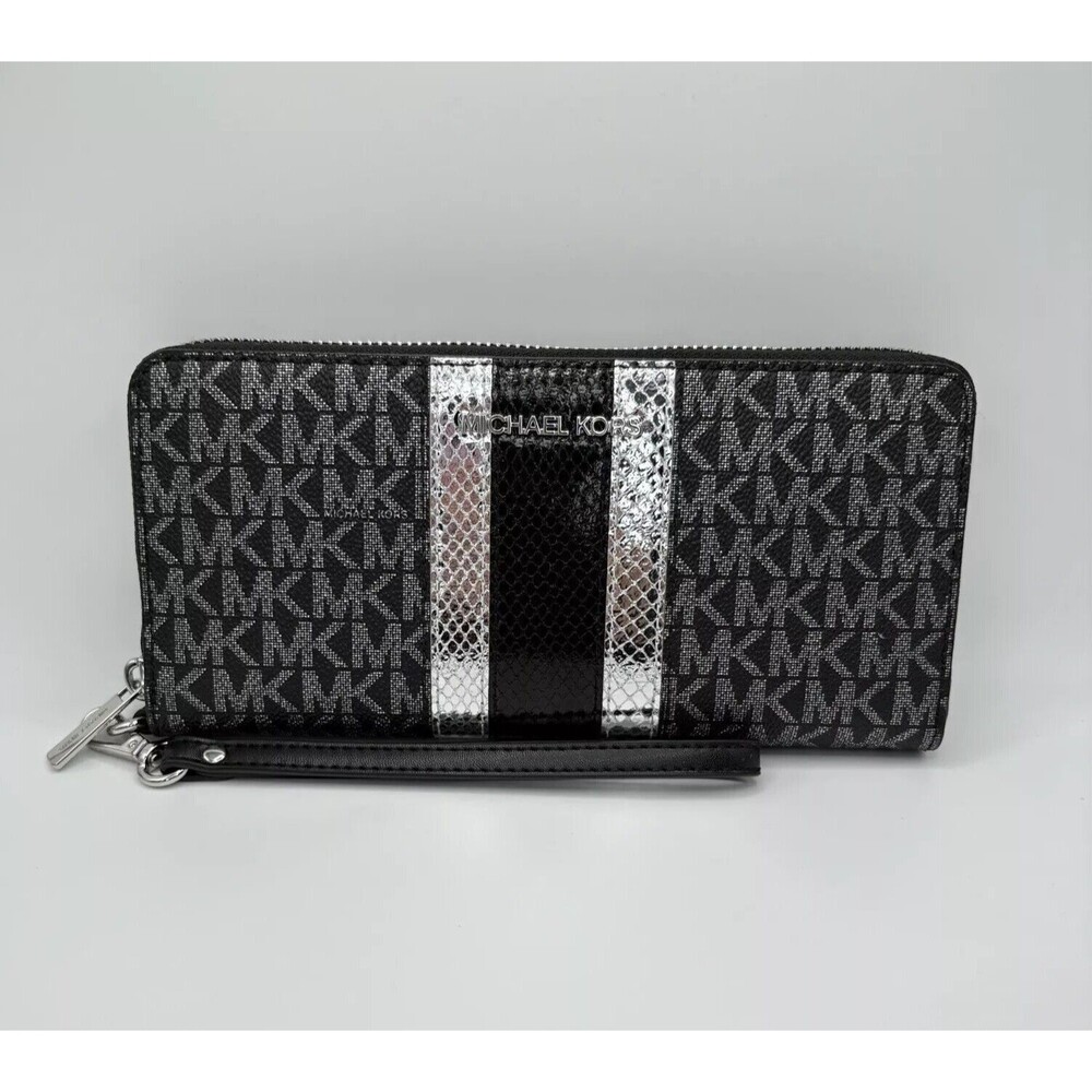 Michael Kors Jet Set Travel LG Continental Wallet MK Center Stripe MK Black NWT